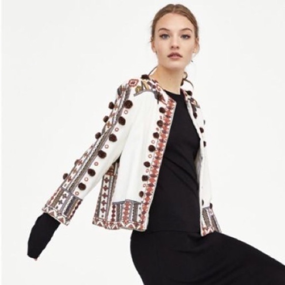 ZARA WOMAN Embroidered Pom Pom Jacket